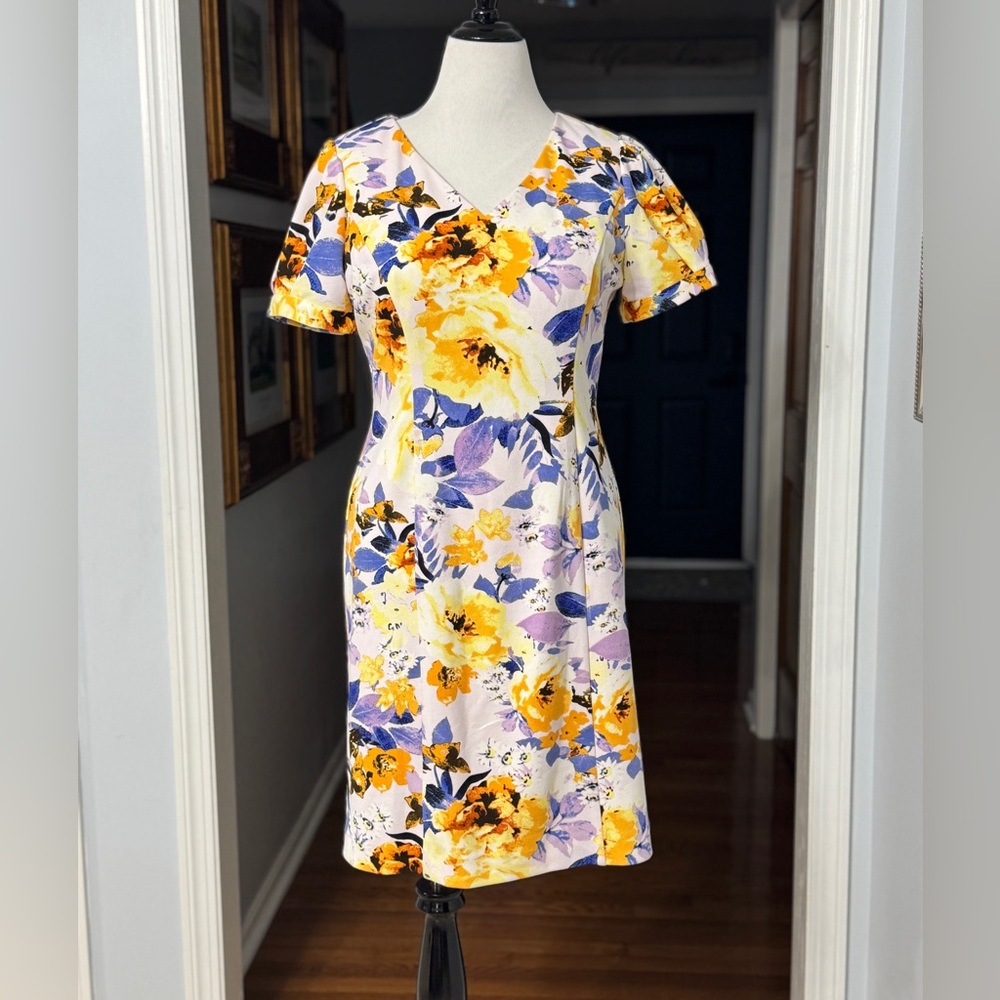Preston & York Floral‎ V-Neck Dress Yellow Purple White Midi 10